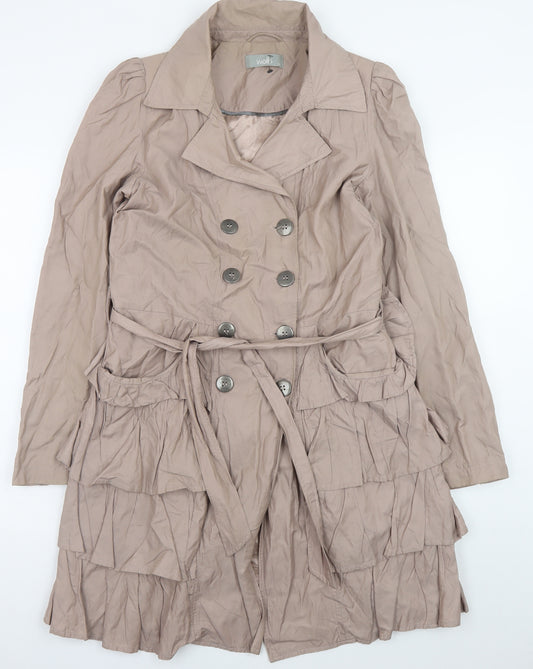 Wallis Women’s Beige Ruffle Trench Coat Size 12 Belted Double-Breasted