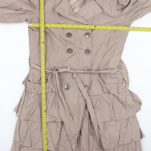 Wallis Women’s Beige Ruffle Trench Coat Size 12 Belted Double-Breasted