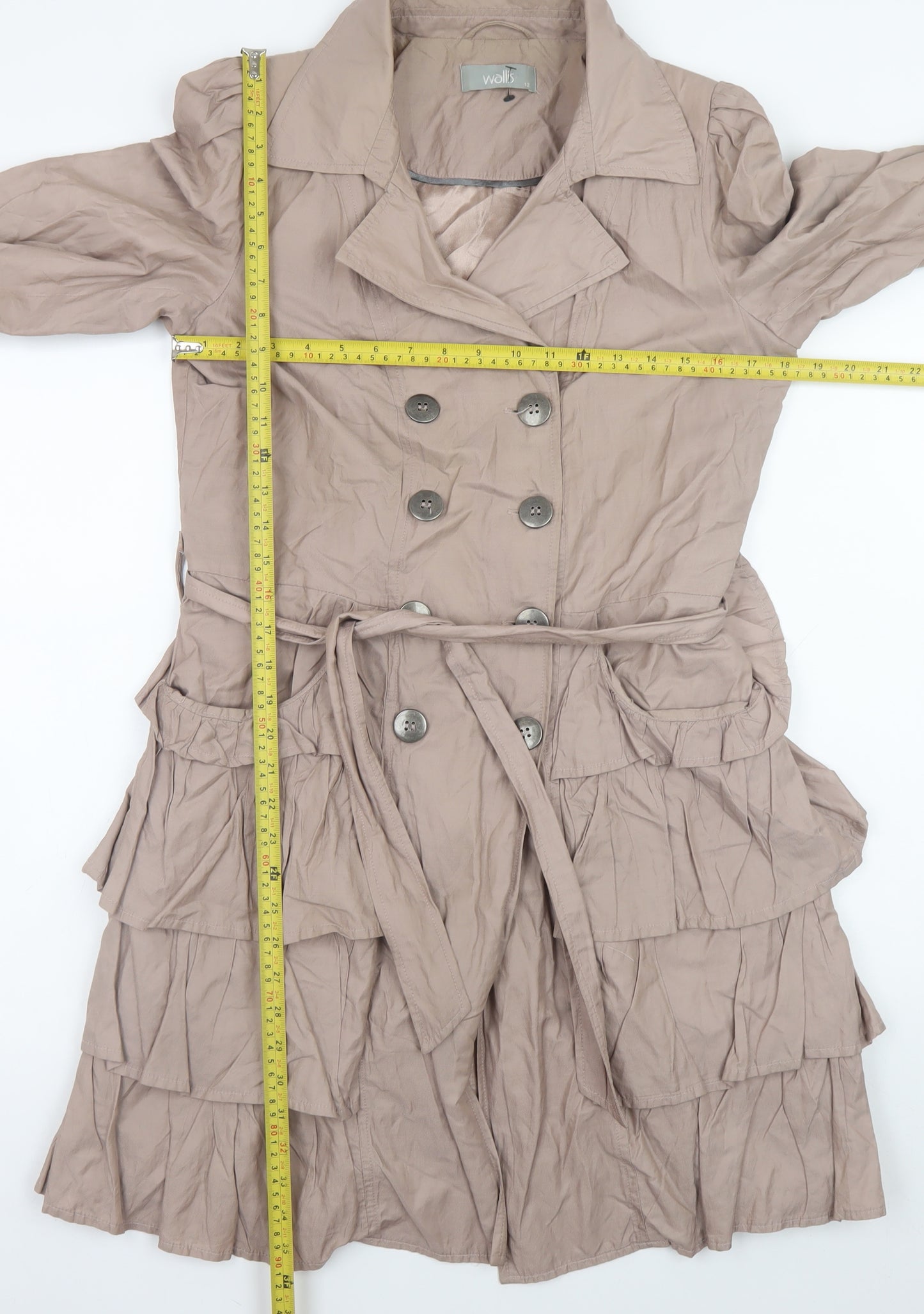 Wallis Women’s Beige Ruffle Trench Coat Size 12 Belted Double-Breasted