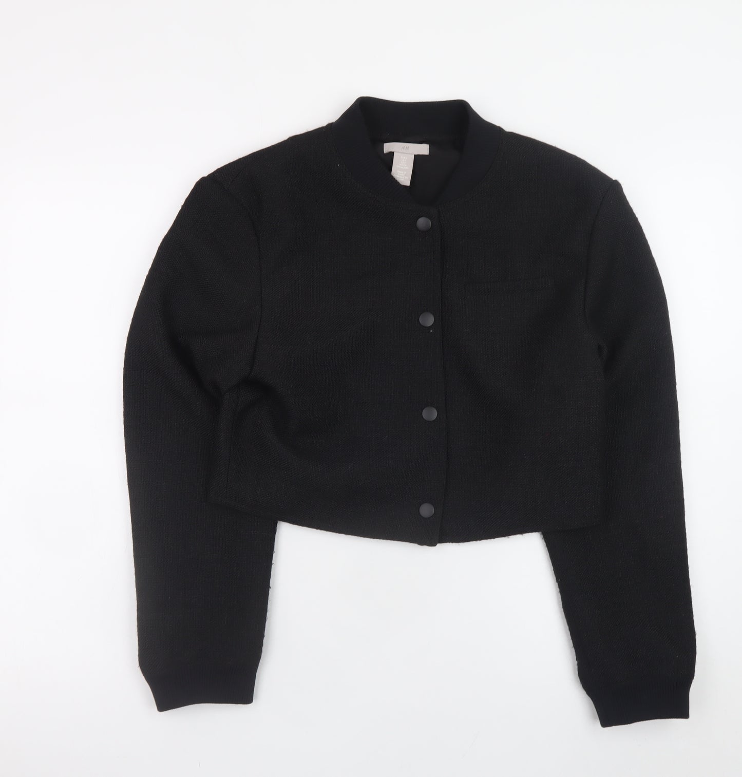 H&M Women Black Cropped Bomber Jacket Size 8 Classic Style