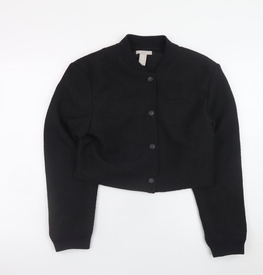 H&M Women Black Cropped Bomber Jacket Size 8 Classic Style