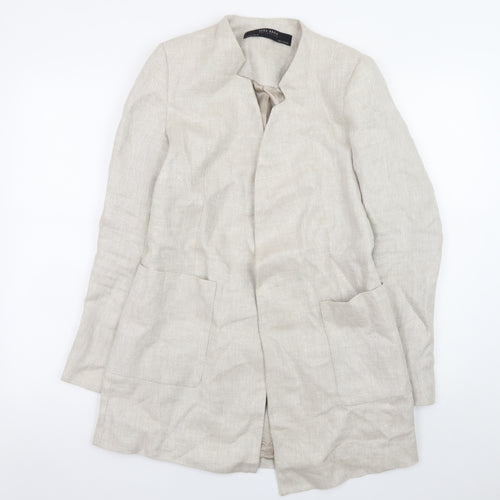 Zara Women Beige Linen Blazer Jacket Size S Casual Mid-Length