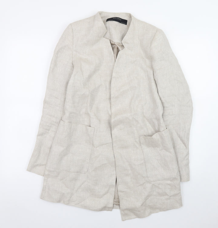 Zara Women Beige Linen Blazer Jacket Size S Casual Mid-Length