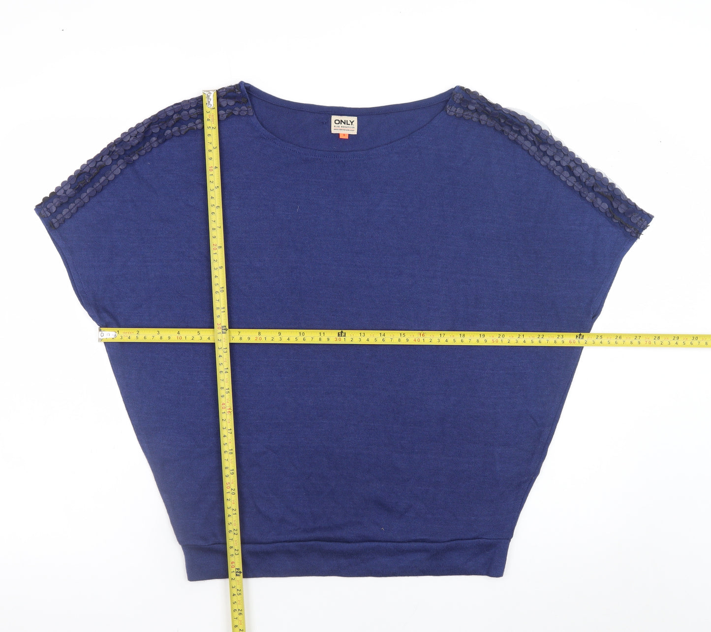 ONLY Blue Women's S Sequin Shoulder Short Sleeve Jumper