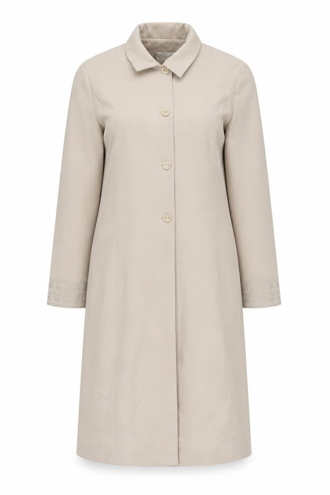 Front view of MishMash Designs Women's Beige Long Overcoat, size 10, Polyester