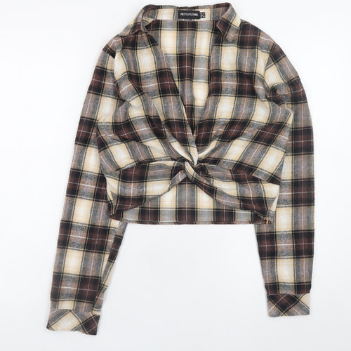 PrettyLittleThing Women Brown Check Cropped Flannel Shirt UK10