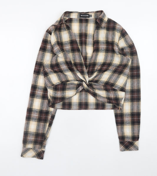 PrettyLittleThing Women Brown Check Cropped Flannel Shirt UK10