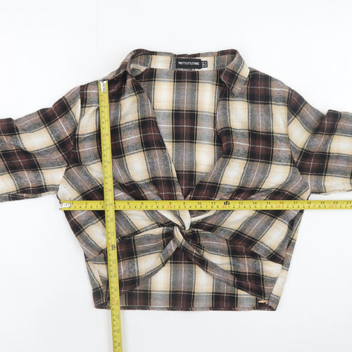 PrettyLittleThing Women Brown Check Cropped Flannel Shirt UK10