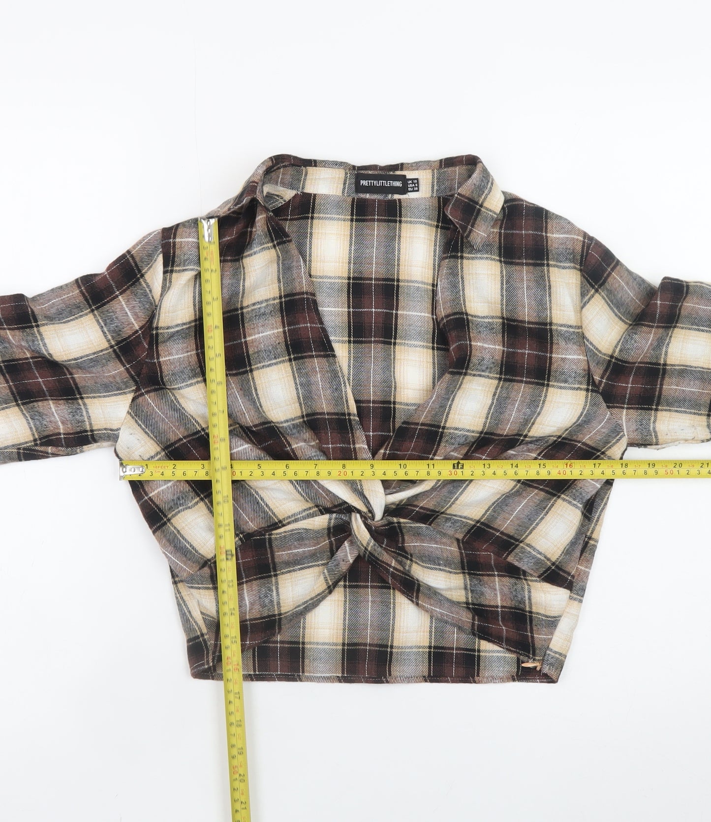 PrettyLittleThing Women Brown Check Cropped Flannel Shirt UK10