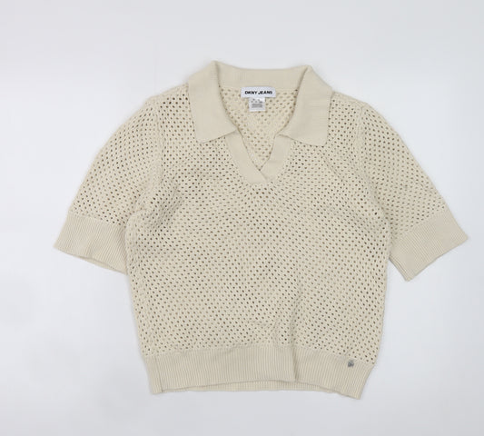 DKNY Jeans Men’s Beige Open-Knit Collared Short Sleeve Cotton Jumper S