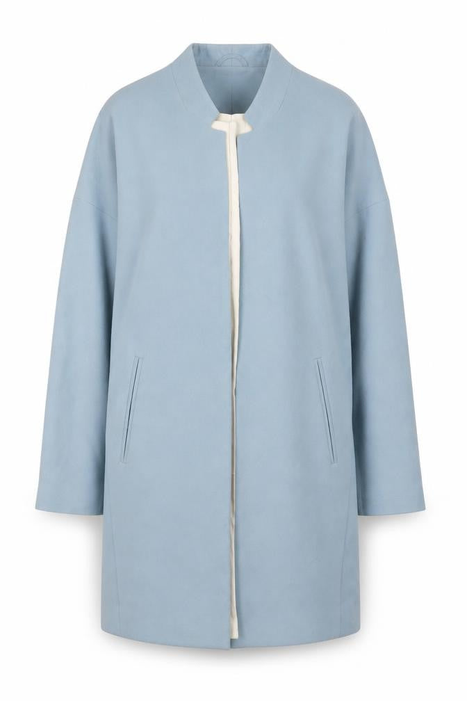 Front view of Atmosphere Women Blue Long Overcoat, size 8, Classic Lightweight