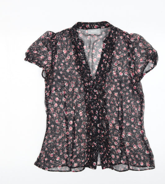 Wallis Women’s Black Floral Chiffon Ruffle Blouse Size 12