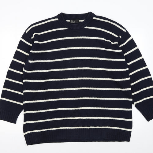 BHS Mens Blue Striped Cotton Crew Neck Jumper Size L