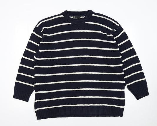 BHS Mens Blue Striped Cotton Crew Neck Jumper Size L