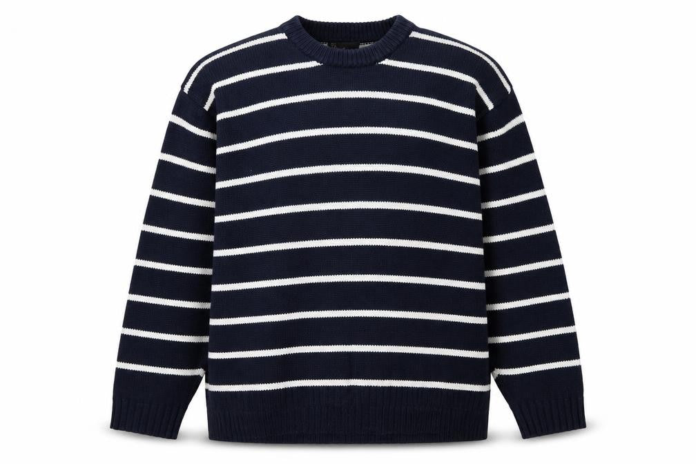 Front view of BHS men’s blue striped cotton crew neck jumper, size L