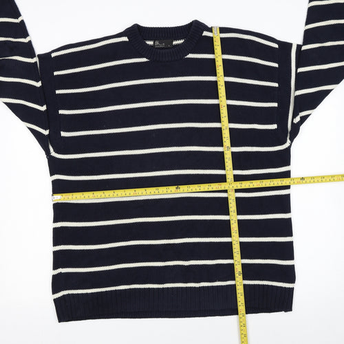 BHS Mens Blue Striped Cotton Crew Neck Jumper Size L