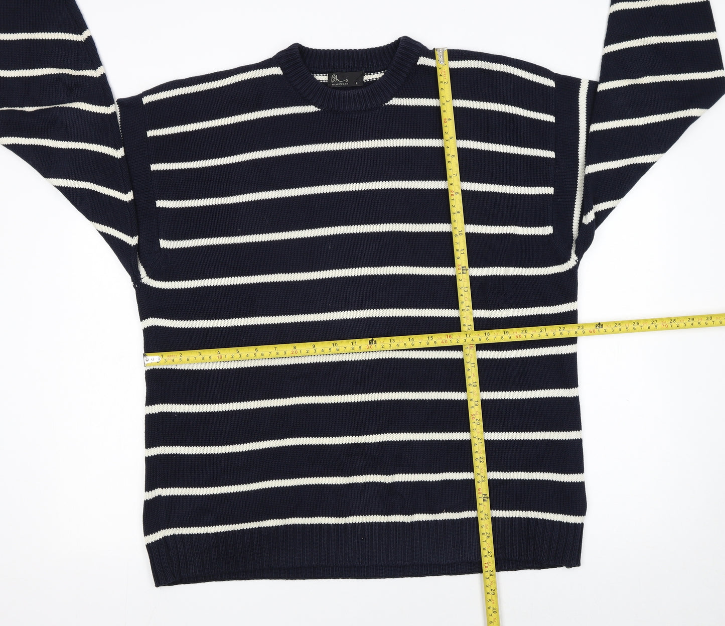 BHS Mens Blue Striped Cotton Crew Neck Jumper Size L