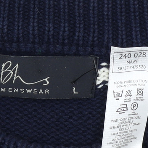 BHS Mens Blue Striped Cotton Crew Neck Jumper Size L
