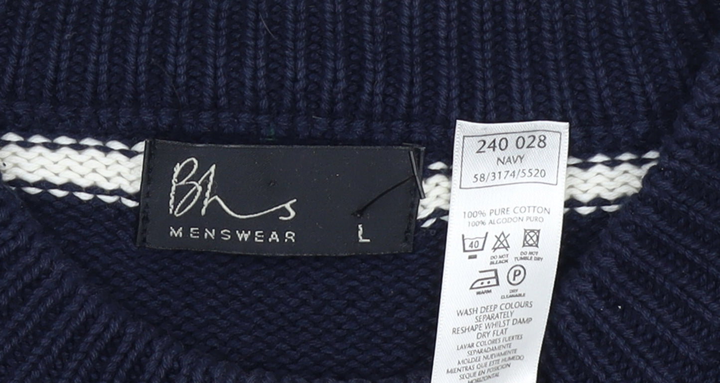 BHS Mens Blue Striped Cotton Crew Neck Jumper Size L
