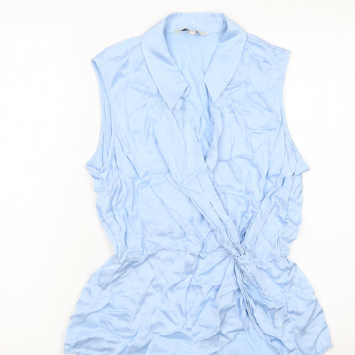 Next Women Blue Viscose Wrap Blouse Size 10 Sleeveless Collared Top