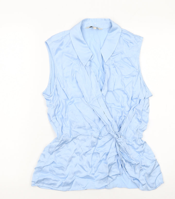Next Women Blue Viscose Wrap Blouse Size 10 Sleeveless Collared Top
