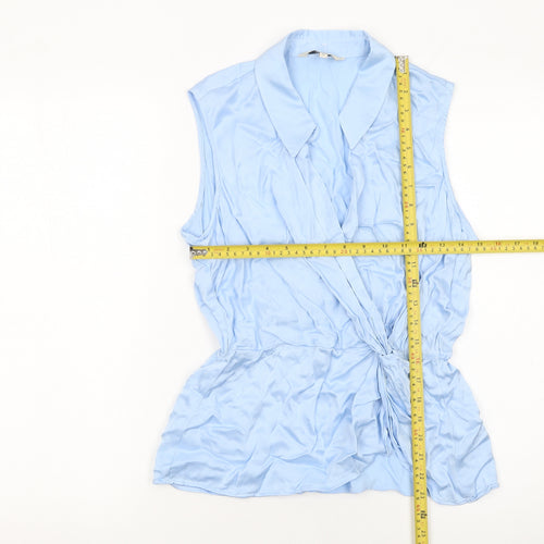 Next Women Blue Viscose Wrap Blouse Size 10 Sleeveless Collared Top