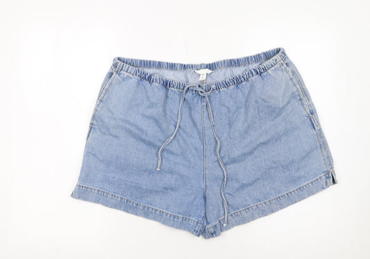 H&M Women Blue Denim Chino Shorts Size L Cotton Drawstring Casual