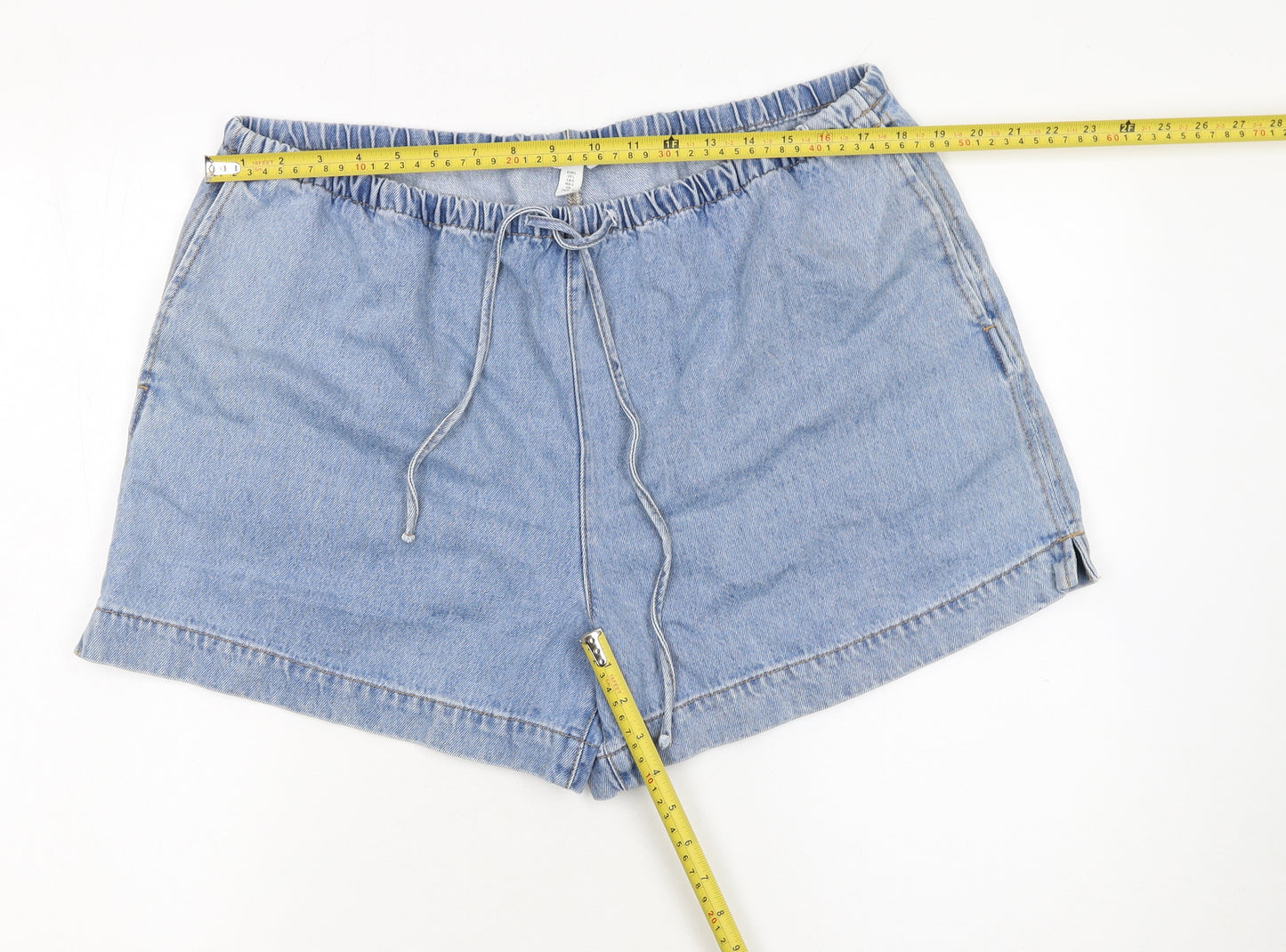 H&M Women Blue Denim Chino Shorts Size L Cotton Drawstring Casual