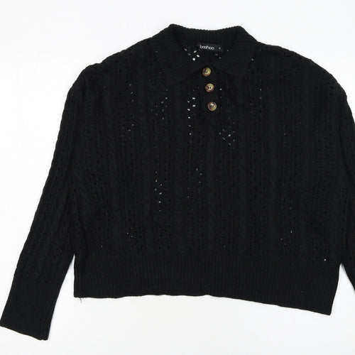 Boohoo Women’s Black Collared Cable Knit Henley Jumper Size M
