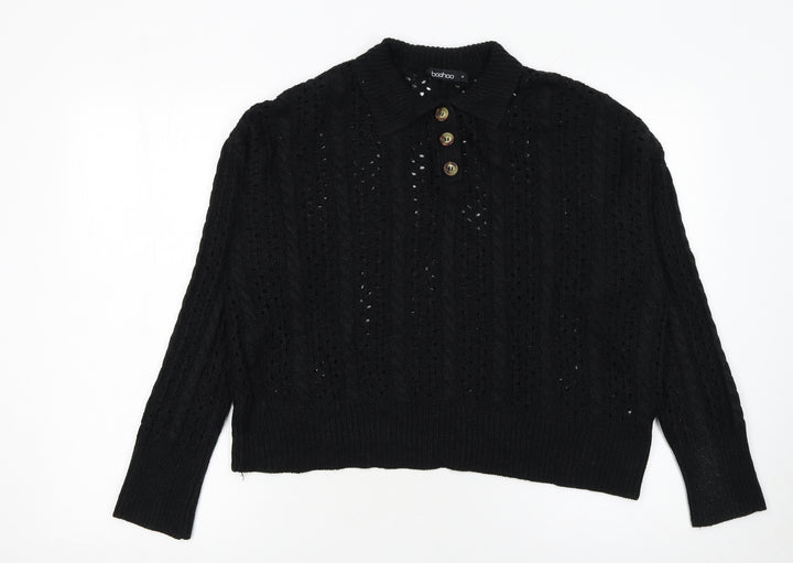 Boohoo Women’s Black Collared Cable Knit Henley Jumper Size M