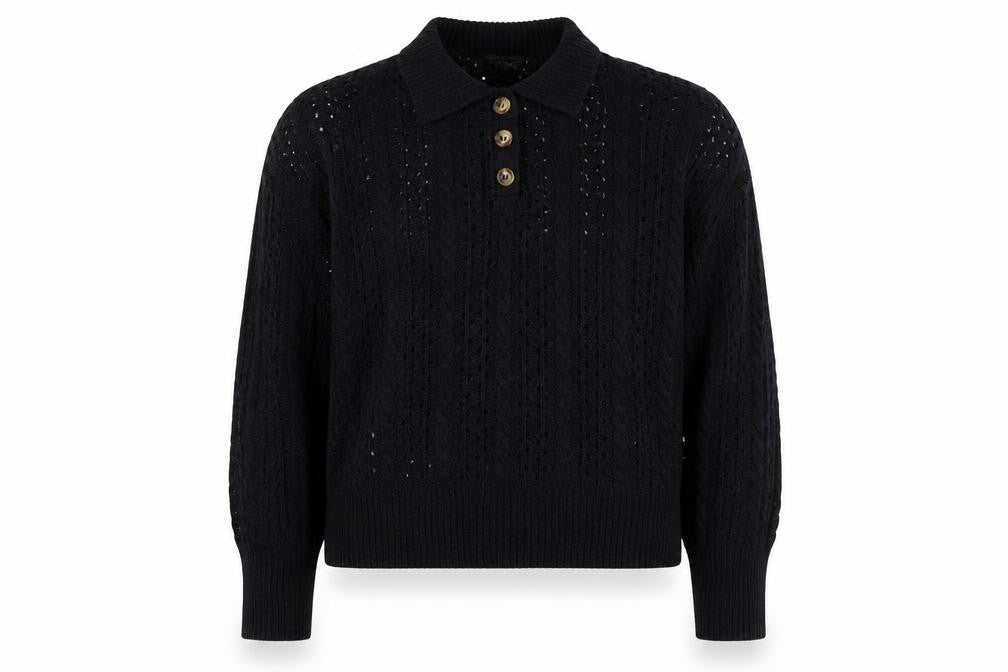 Front view of Boohoo Women’s Black Collared Cable Knit Henley Jumper, size M