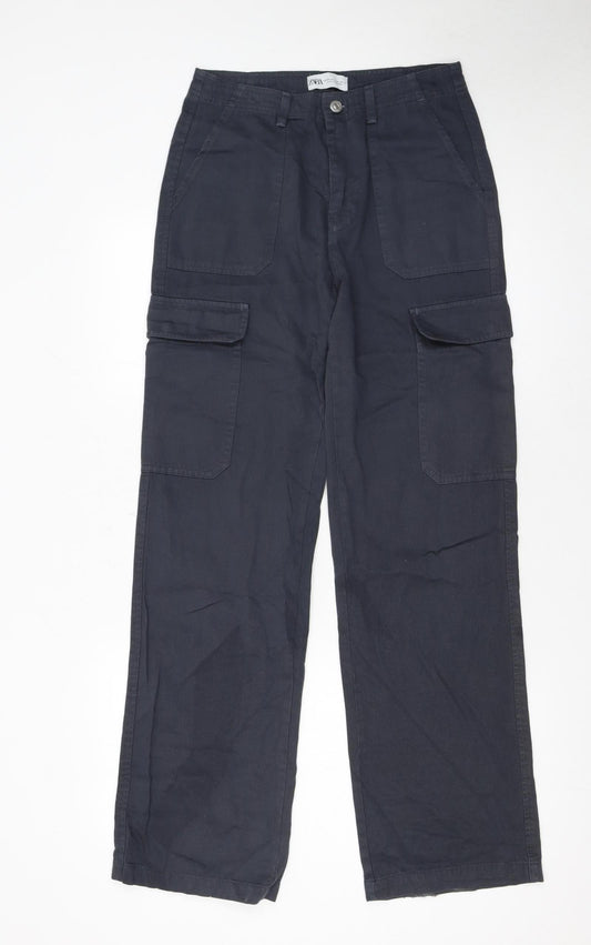 Zara Women's Blue Cotton Cargo Trousers Size 8 Regular Fit