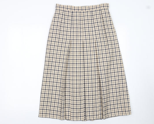 Aquascutum Womens Beige Check Pleated Wool Midi Skirt UK 12