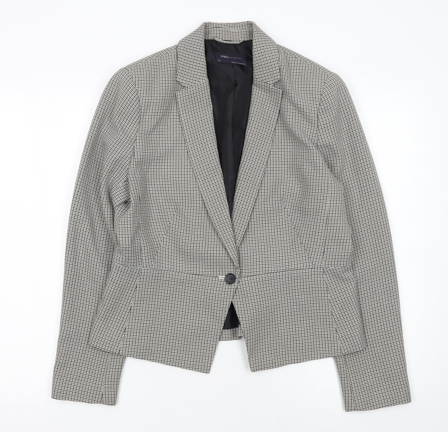 Marks and Spencer Women Grey Checked Single-Breasted Blazer Size 12