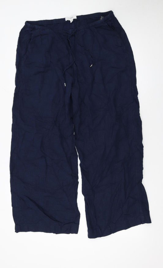 Marks and Spencer Womens Blue Linen Blend Drawstring Wide Leg Trousers Size 16