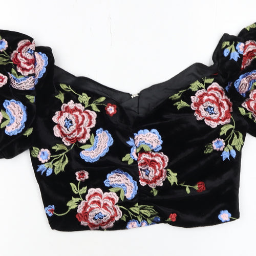 Topshop Women's Black Floral Velvet Embroidered Cropped Puff Sleeve Blouse UK 10
