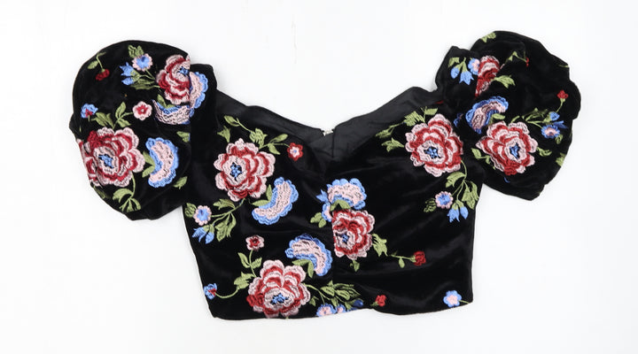 Topshop Women's Black Floral Velvet Embroidered Cropped Puff Sleeve Blouse UK 10