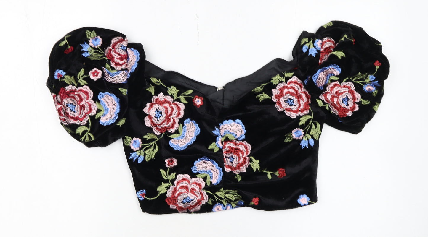 Topshop Women's Black Floral Velvet Embroidered Cropped Puff Sleeve Blouse UK 10