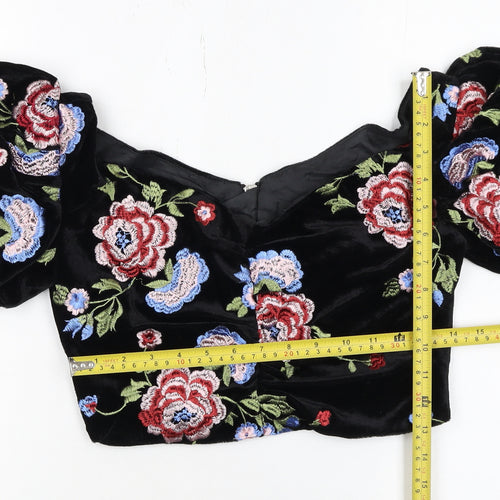 Topshop Women's Black Floral Velvet Embroidered Cropped Puff Sleeve Blouse UK 10