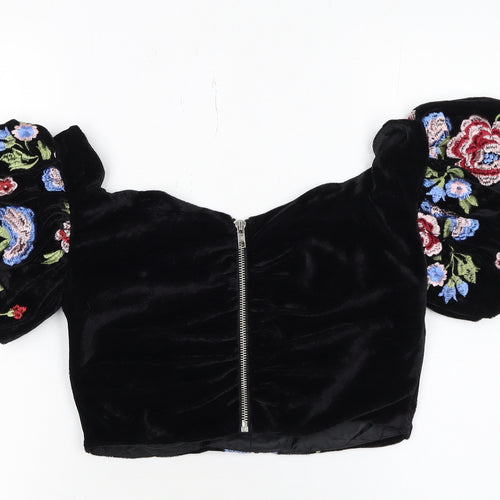 Topshop Women's Black Floral Velvet Embroidered Cropped Puff Sleeve Blouse UK 10