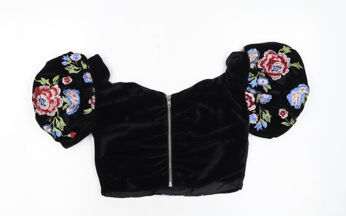 Topshop Women's Black Floral Velvet Embroidered Cropped Puff Sleeve Blouse UK 10