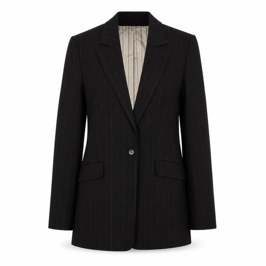 Front view of Autonomy Collection Women's Black Pinstripe Wool Blend Blazer, size 10