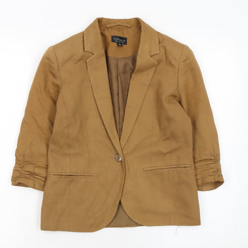 Topshop Women Brown Linen Blend 3/4 Sleeve Blazer UK 8