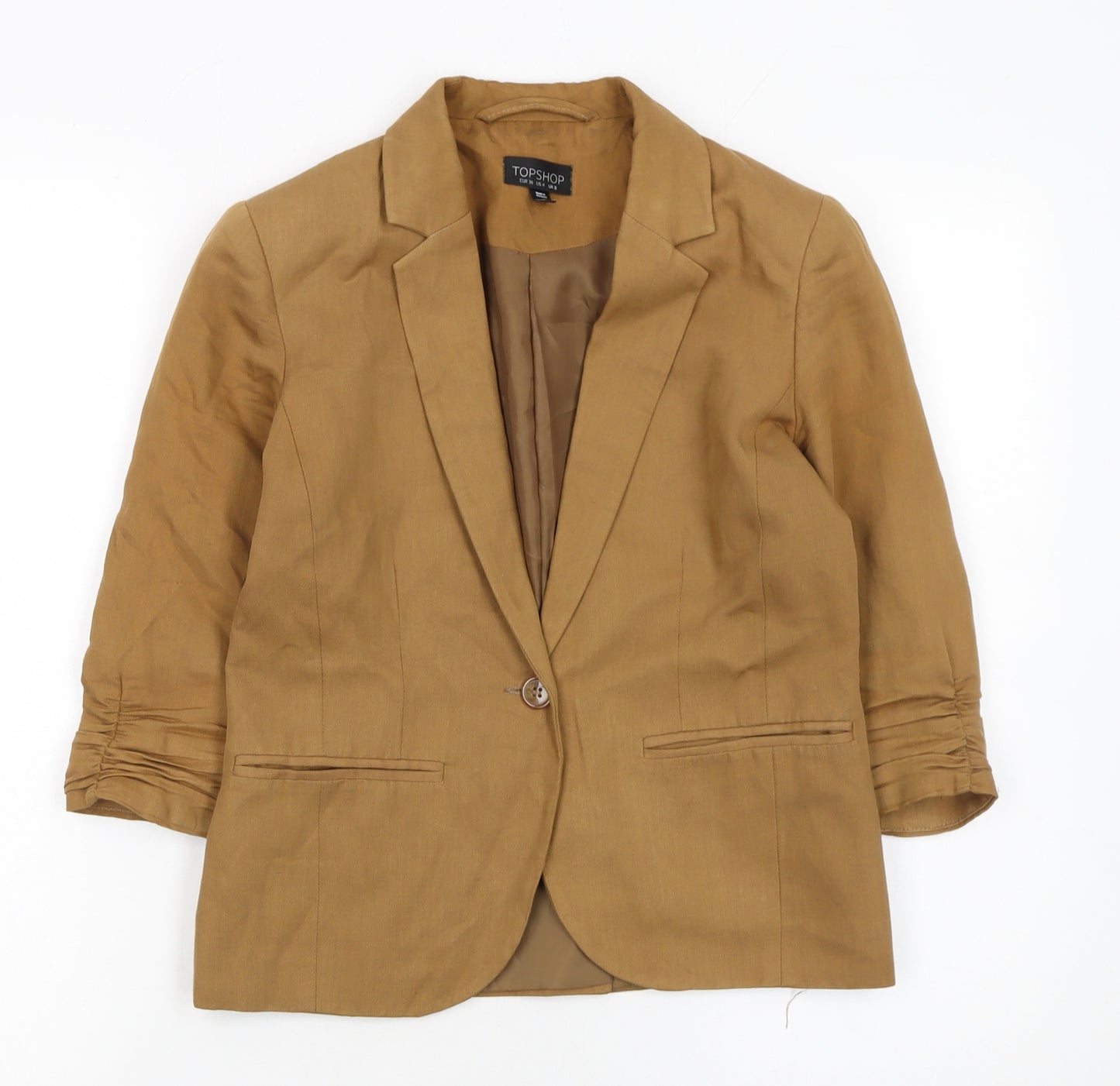 Topshop Women Brown Linen Blend 3/4 Sleeve Blazer UK 8