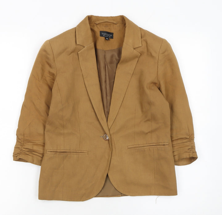 Topshop Women Brown Linen Blend 3/4 Sleeve Blazer UK 8