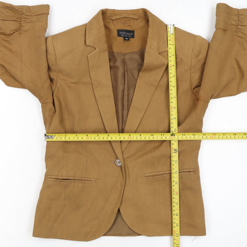Topshop Women Brown Linen Blend 3/4 Sleeve Blazer UK 8