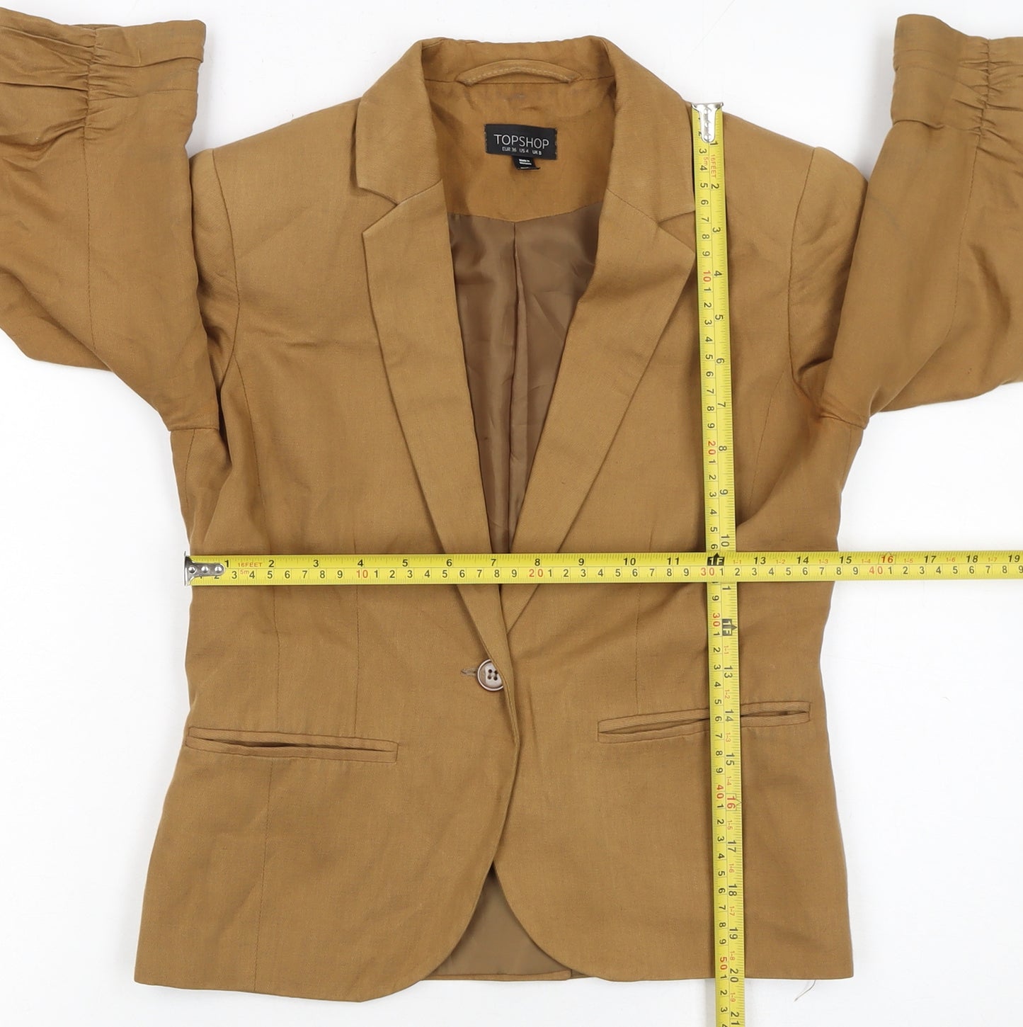 Topshop Women Brown Linen Blend 3/4 Sleeve Blazer UK 8