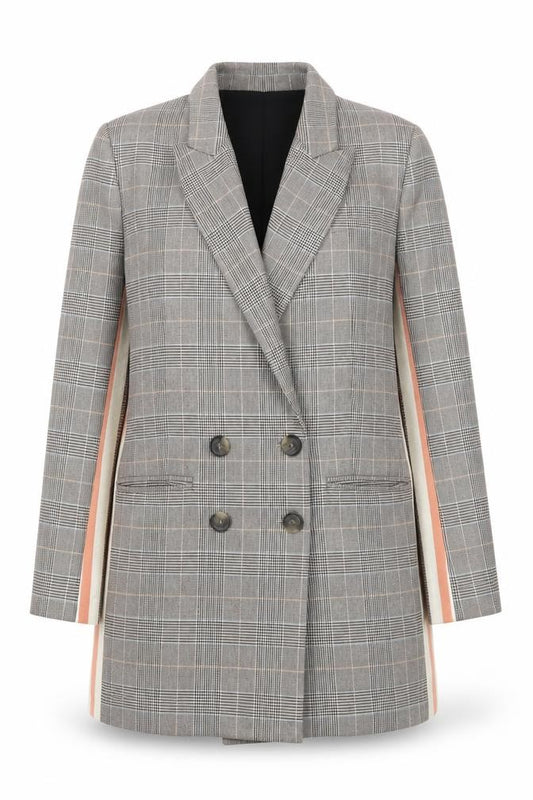 Front view of Marks & Spencer women’s grey check double-breasted blazer, size UK 12