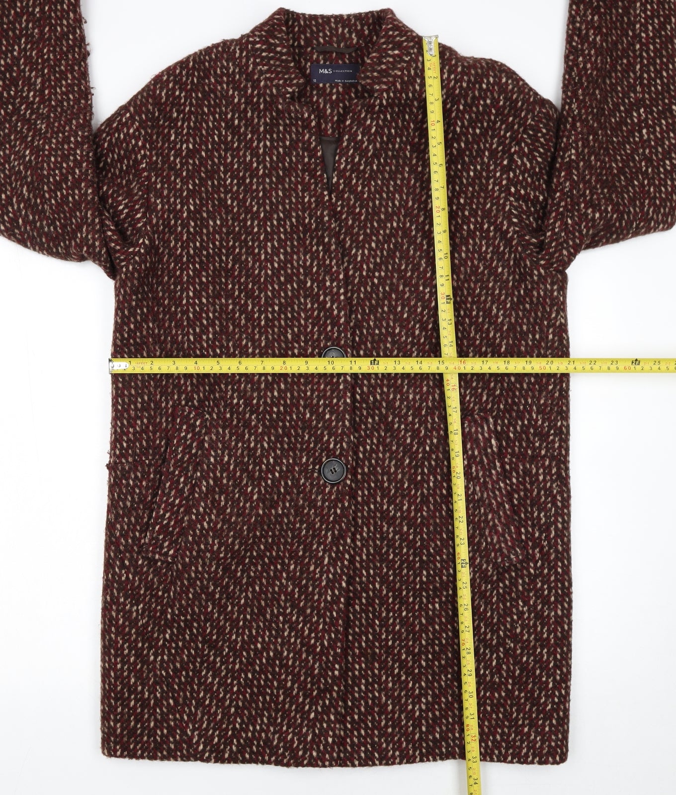 Marks and Spencer Women Brown Wool Blend Mid-Length Overcoat Size 12