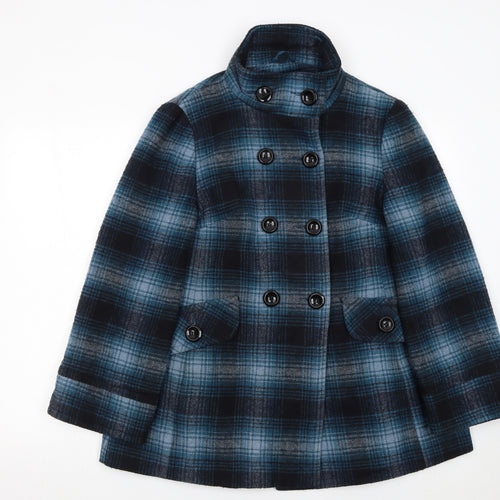 Dorothy Perkins Women Blue Check Wool Blend Pea Coat Size 10
